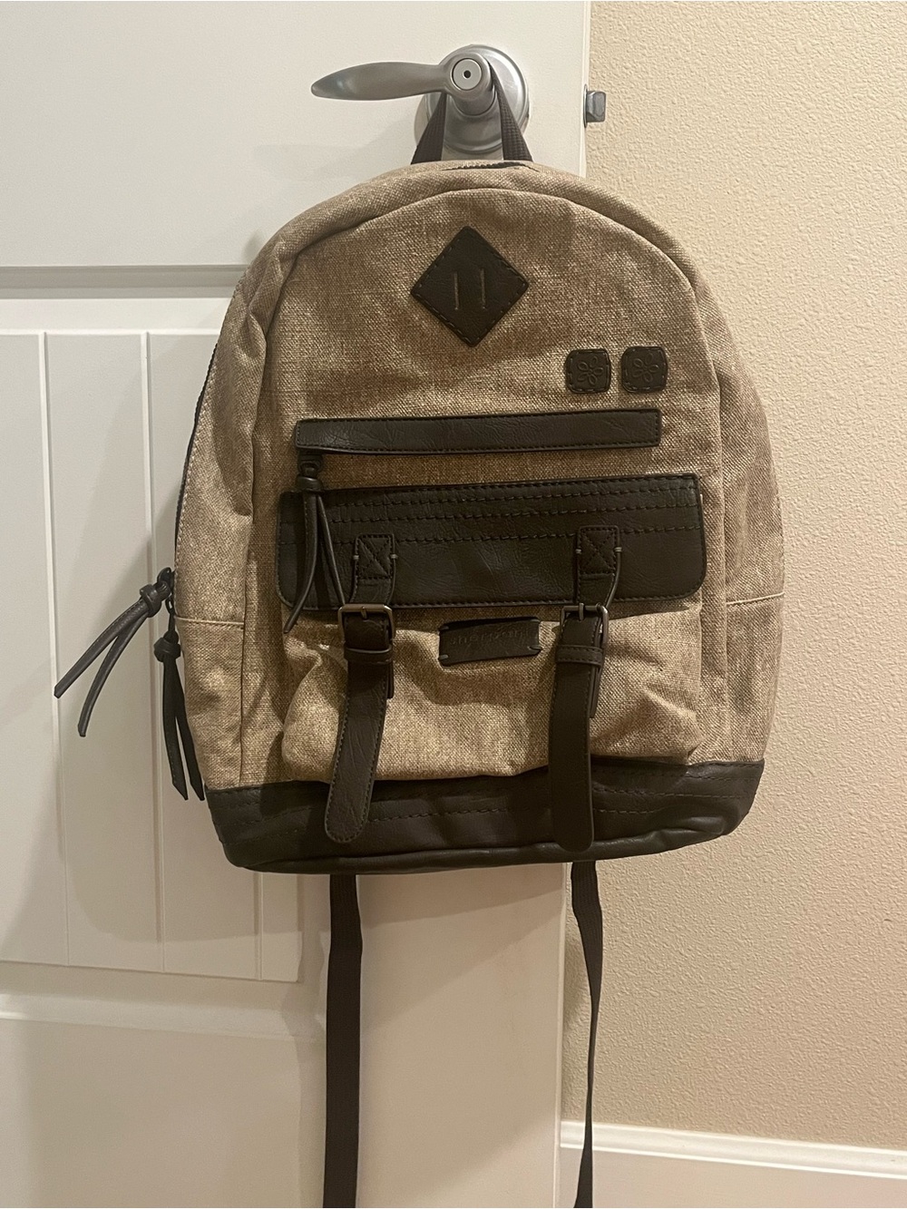 Sherpani Canvas Travel Backpack in Tan with Dark Brown Accents